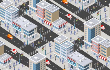 Şehrin Isometric 3D caddesinde açık hava yol binaları var. Şehir stoku bilgisel illüstrasyon