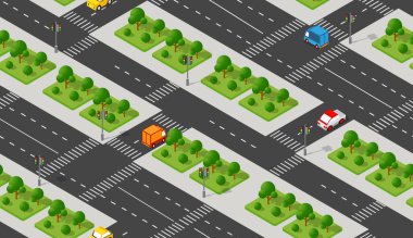 Trafik arabalarının sıkışık durduğu caddelerin kesiştiği Isometric Kavşağı. Kusursuz tekrarlayan arkaplan çizimi