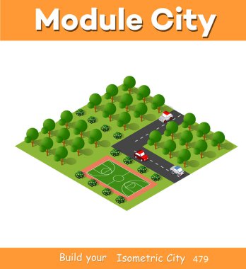 İlçe oyun alanının Isometric 3d blok modülü şehrin bir parçası kentsel altyapı vektöründen çim parkı ağaçları ile