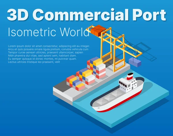 Isometrische Stad Industriële Haven Met Containerlading Industrie Vracht Transportboot Marineschepen — Stockvector