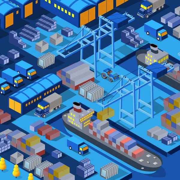 Isometrische Illustration Stadt Mit Flussufer Mit Fußgängerbrücken Transportstraßen Und Schiffen — Stockvektor