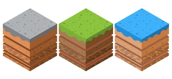 Bodenschichten Geologisch Gesetzt Und Unterirdisch Unter Naturlandschaft Isometrische Scheibe — Stockvektor