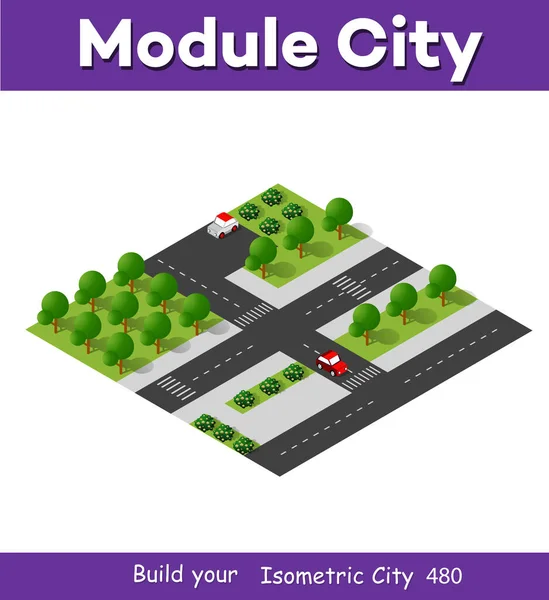 Isometric Module Bloc Partie Quartier Ville Avec Parc Pelouse Arbres — Image vectorielle