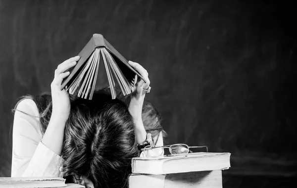 Tired Young Teacher Woman Open Book Head Classroom — Stock Photo, Image