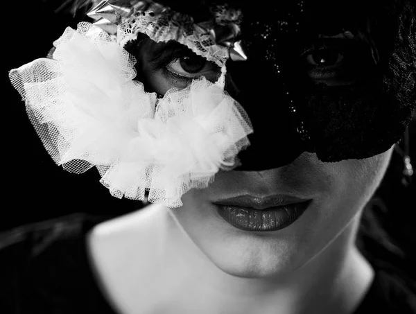 Young Gorgeous Woman Mask Closeup Portrait Black Background — Stock Photo, Image