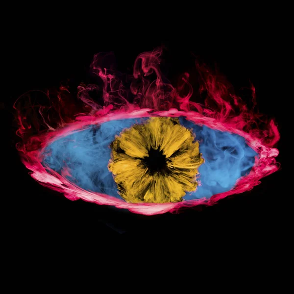 Kolorowe Oczy Symbol Czerwony Żółty Niebieski Dym Czarnym Tle — Zdjęcie stockowe