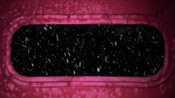 Snöfall Genom Gammalt Metalliskt Fönster Rött Ljus — Stockvideo