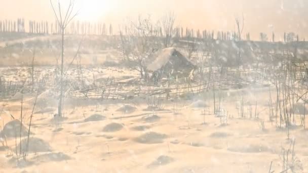 Alte Wiese Holzhausbau Mit Fallendem Schnee Und Sonnenuntergang Horizont — Stockvideo