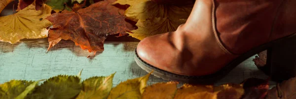 ヴィンテージ木製の表面に落ちたカラフルな秋の葉の上にブーツ — ストック写真