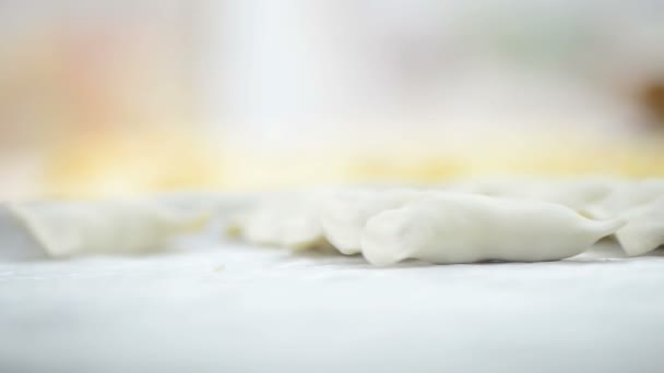 Slow Motion Finished Dumplings Wooden Table — Stock Video