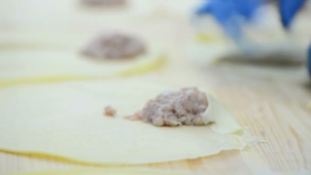 Carne Macinata Che Riempie Sulla Superficie Dei Pancake Preparare Cena — Video Stock