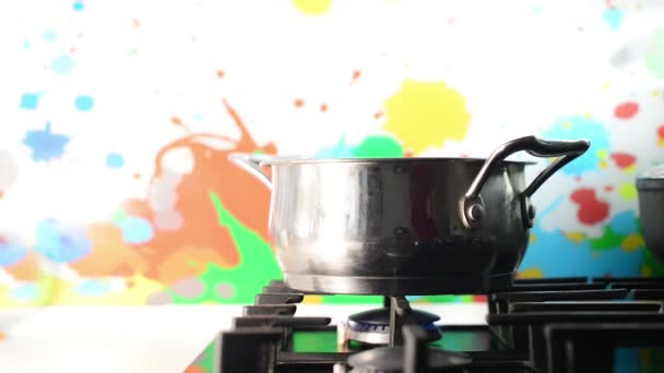 Mão Que Põe Comida Panela Com Água Fervente Fogo Cozinha — Vídeo de Stock