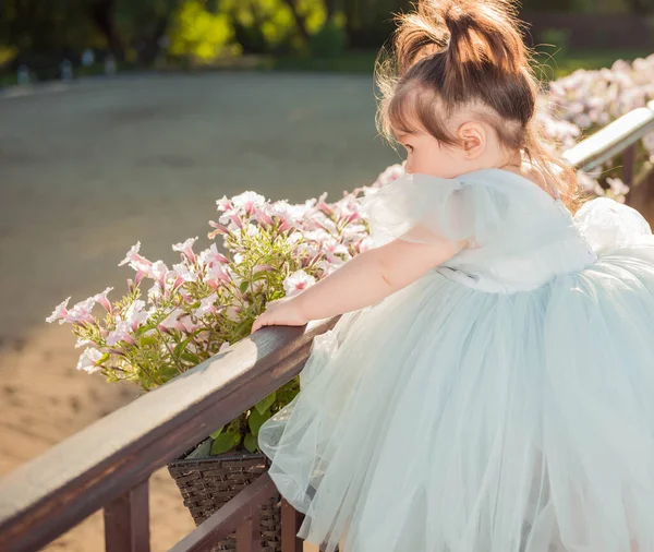 Menina Vestido Bonito Olhando Através Cerca Balkony Vintage Com Flores — Fotografia de Stock