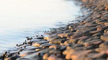 Yaz günbatımında el sallayan taştan sahil şeridi arkaplanı