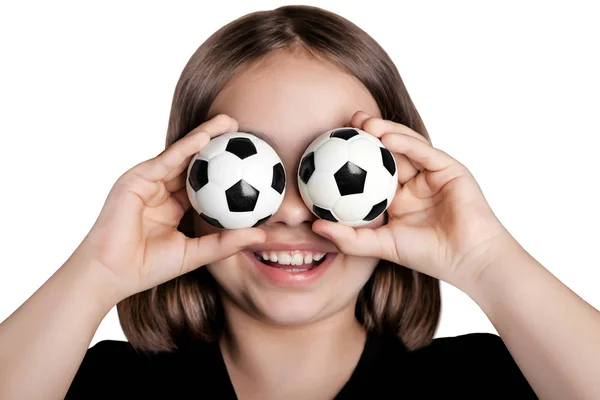 Funny Girl Closed Her Eyes Soccer Balls Isolated White Background — Stock Photo, Image