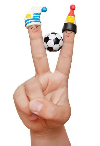 Dva Prsty Plastelíny Čepice Fotbalovým Míčem Izolované Bílém Pozadí Fanoušci — Stock fotografie
