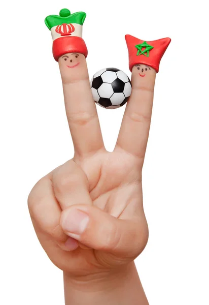 Dva Prsty Jílu Čepice Fotbalovým Míčem Izolovaných Bílém Pozadí Fanoušci — Stock fotografie
