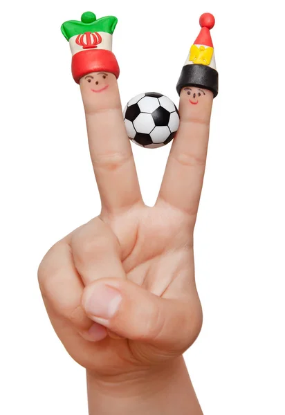 Two Fingers Clay Caps Soccer Ball Isolated White Background Fans Stock Photo