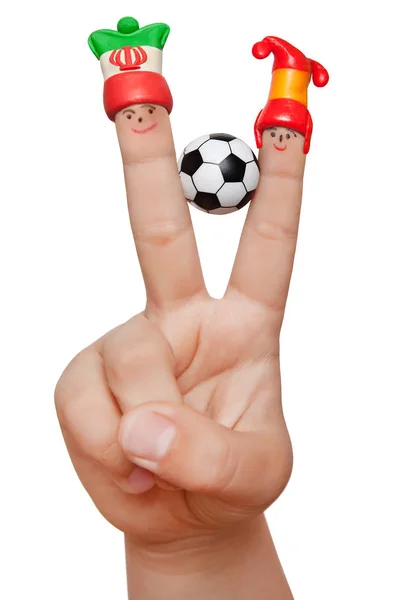 Two Fingers Clay Caps Soccer Ball Isolated White Background Fans — Stock Photo, Image