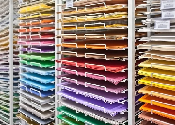 Shelves with colored paper in the store.