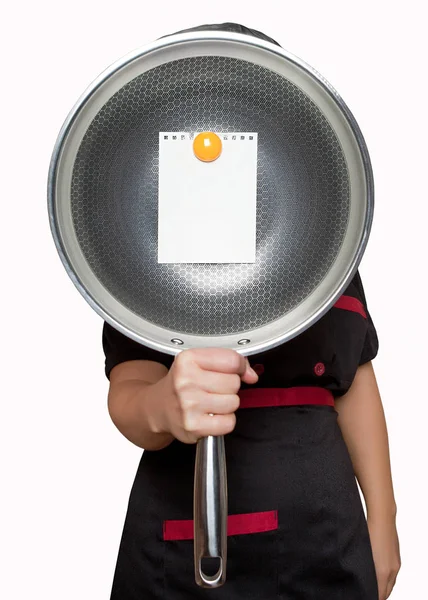 Woman Cook Holds Empty Pan Front Him Yellow Magnet Attached — Stock Photo, Image