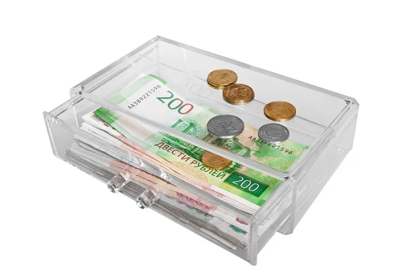 Open Transparent Box Russian Money Isolated White Background — Stock Photo, Image