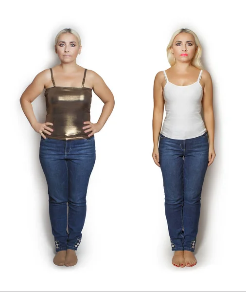 Retrato Una Mujer Antes Después Dieta Pérdida Peso — Foto de Stock