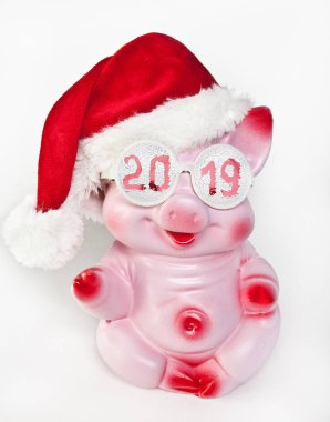 Neşeli pembe domuz bir yılbaşı şapka ve gözlük 2019 yazıt ile beyaz bir arka plan üzerinde oturur.