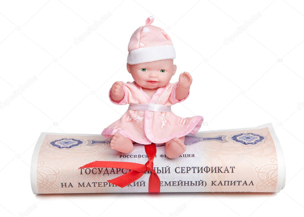 Pups sits on top of the state certificate of the Russian Federation of maternal family capital, rolled into a scroll with a red ribbon.