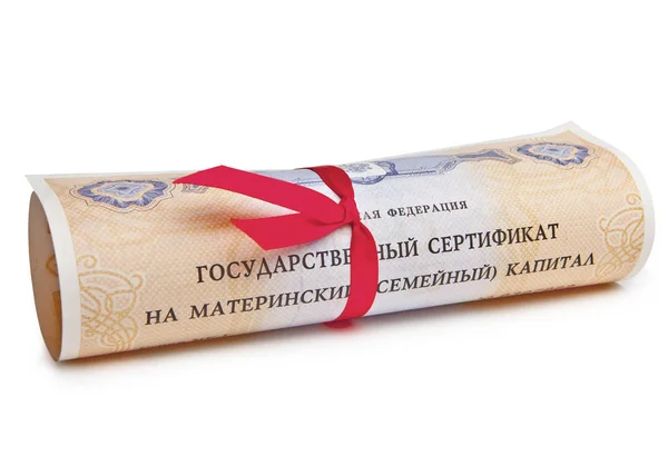 State Certificate Russian Federation Maternal Family Capital Rolled Scroll Red — Stock Photo, Image