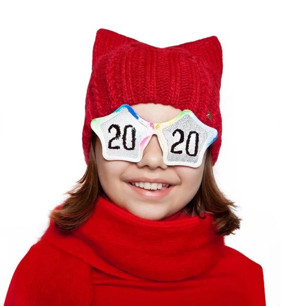 Cheerful Girl Glasses Inscription 2020 — Stock Photo, Image