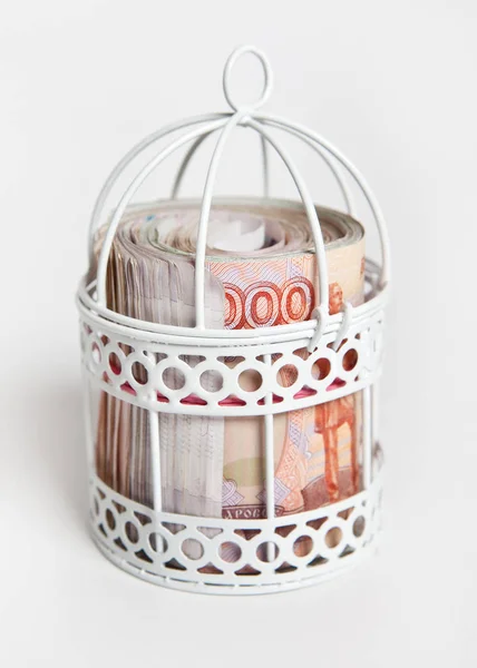 俄罗斯的纸币 被关在一个鸟的小笼子里 获得融资的机会有限 — 图库照片