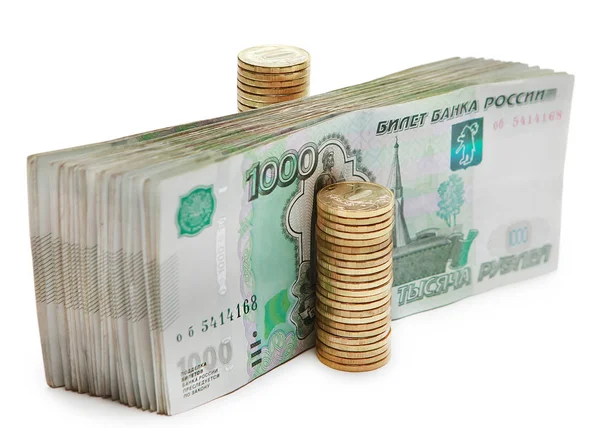 Χαρτιά Χρήματα Ρωσία Που Στέκεται Μεταξύ Των Στηλών Των Κερμάτων — Φωτογραφία Αρχείου