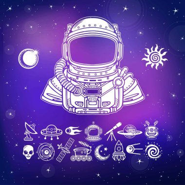Animasyon astronot uzay giysisi içinde. Simgeler kümesi. Arka plan - gece yıldızlı gökyüzü. Vektör çizim.