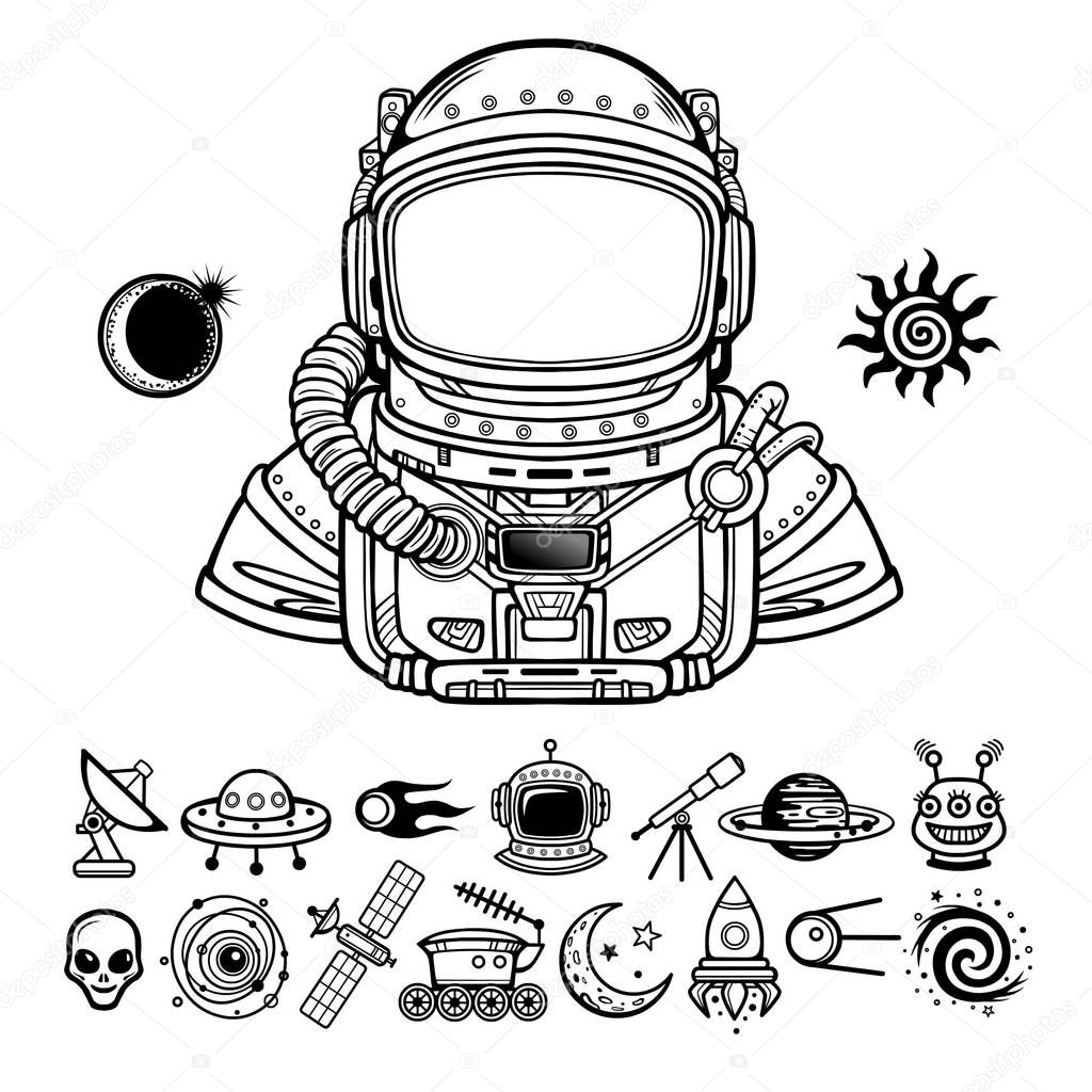 Animation Astronaut in a space suit. Set of icons. Vector illustration isolated on a white background. Monochrome drawing. Print, poster, t-shirt, card.