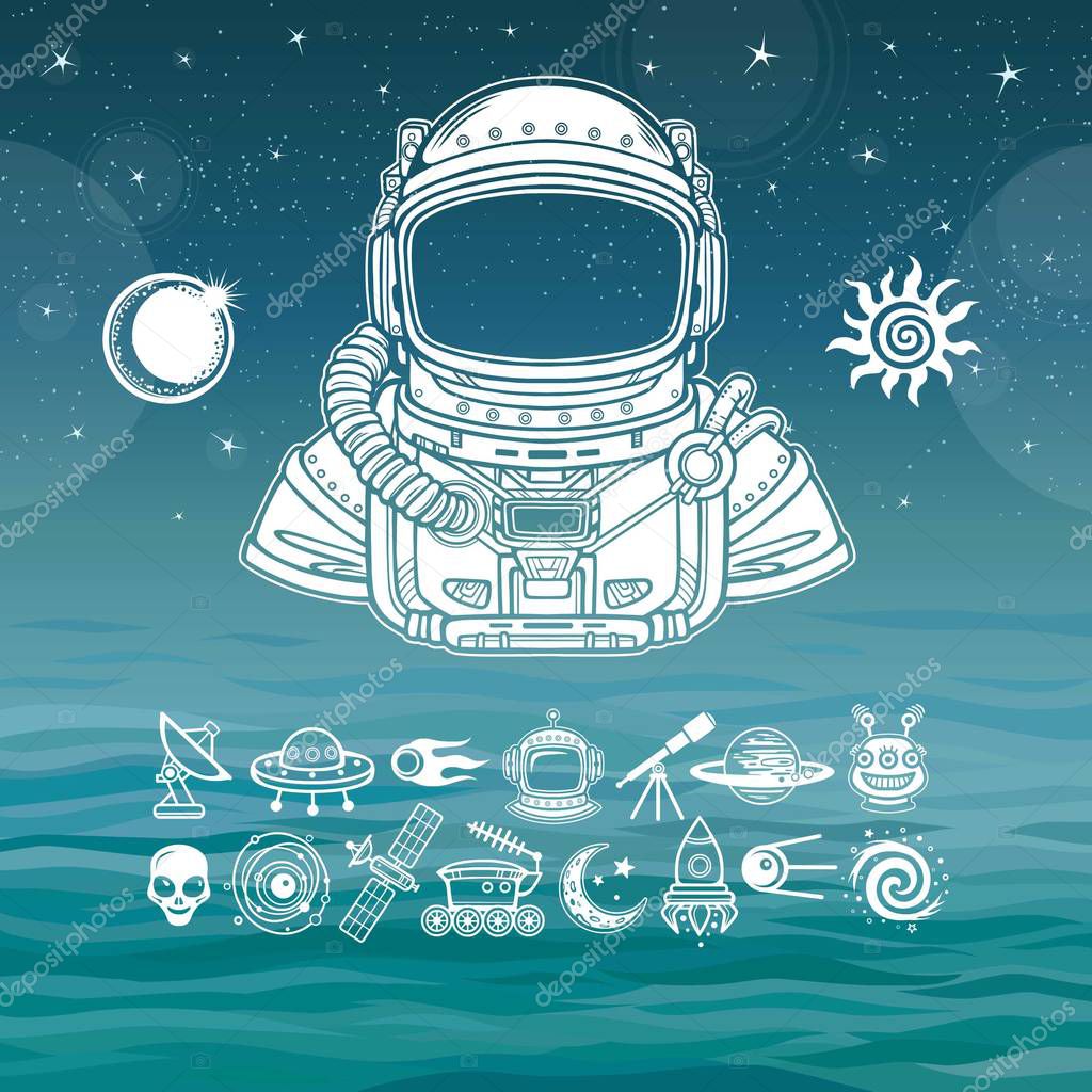 Animation Astronaut in a space suit. Set of icons. Background - the night star sky, sea. Vector illustration.