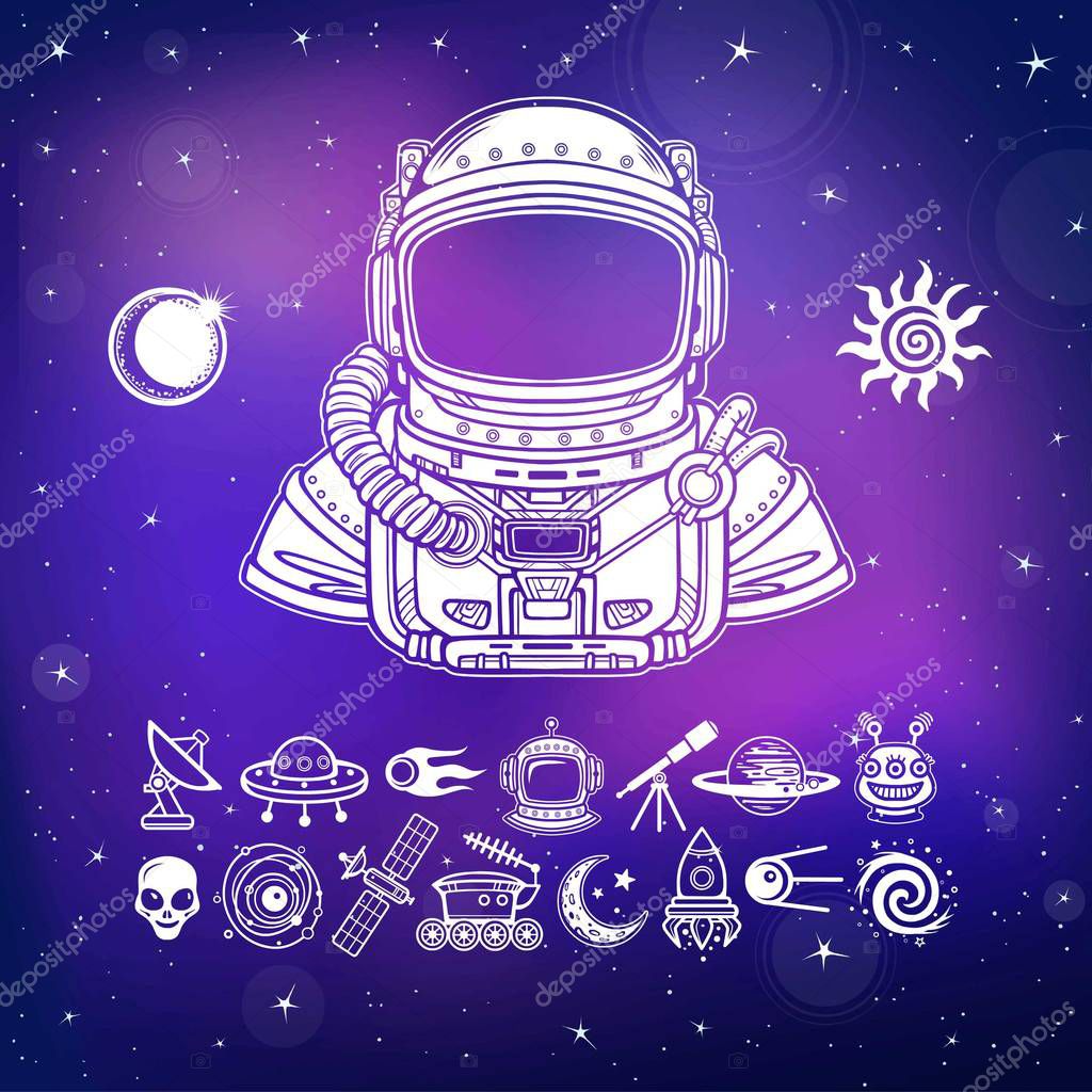 Animation Astronaut in a space suit. Set of icons. Background - the night star sky. Vector illustration.