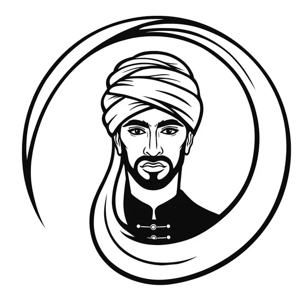 アニメーションのターバンのアラブ人の肖像画 モノクロ図面 白い背景で隔離のベクトル図 — ストックベクタ