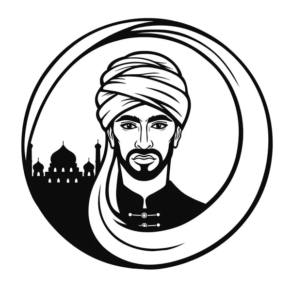 アニメーションのターバンのアラブ人の肖像画 モノクロ図面 白い背景で隔離のベクトル図 — ストックベクタ