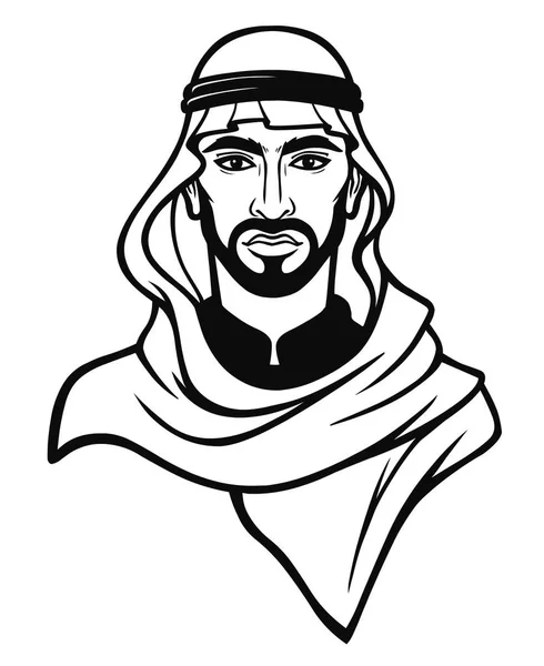 Portrait Animé Homme Arabe Dans Une Coiffure Traditionnelle Dessin Monochrome — Image vectorielle