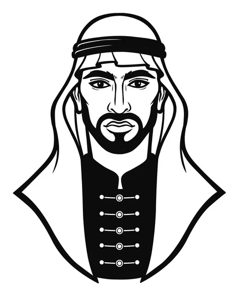 Animation Portrait Arab Man Traditional Headdress Monochrome Drawing Vector Illustration — Stock Vector