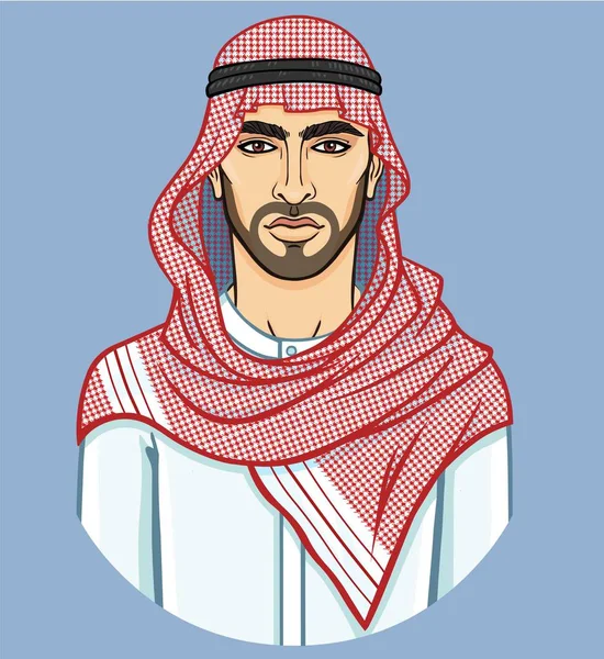 Animation Portrait Arab Man Traditional Headdress Vector Illustration Isolated Gray — Stock Vector