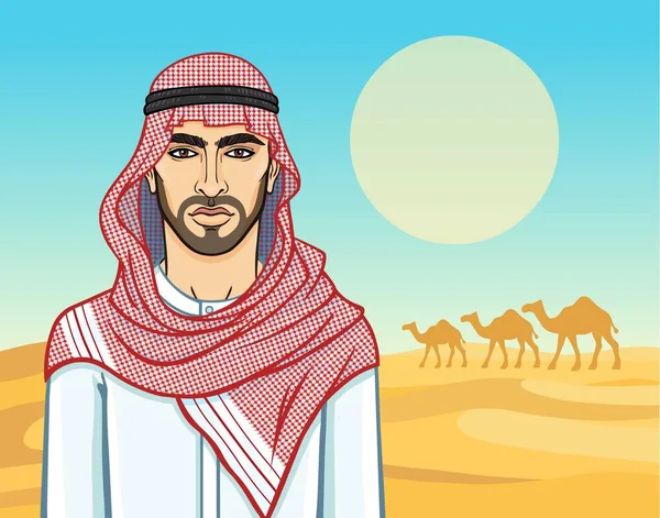 Animation Portrait Arab Man Traditional Headdress Background Landscape Desert Caravan — Stock Vector