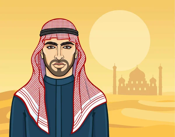 Animationsporträt Des Arabischen Mannes Mit Traditioneller Kopfbedeckung Hintergrund Eine Wüstenlandschaft — Stockvektor