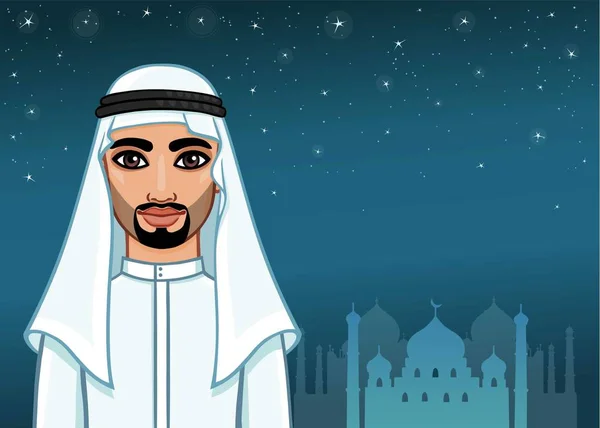 Arabiska Natt Animation Porträtt Hur Snygg Arabisk Man Traditionella Kläder — Stock vektor