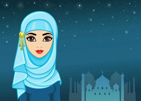 阿拉伯之夜 动画肖像的美丽的女孩在面纱 夜空星空 宫殿剪影 文本的位置 矢量插图 — 图库矢量图片
