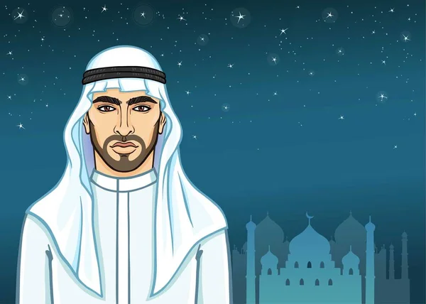 Arabische Nacht Animationsporträt Des Gut Aussehenden Arabischen Mannes Traditioneller Kleidung — Stockvektor