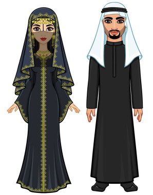 Animasyon geleneksel giysiler içinde Arap aile portresi. Tam büyüme. Beyaz bir arka plan üzerinde izole vektör çizim.