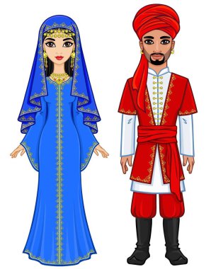 Doğu peri masalı. Animasyon eski giysiler içinde Arap aile portresi. Tam büyüme. Beyaz bir arka plan üzerinde izole vektör çizim.