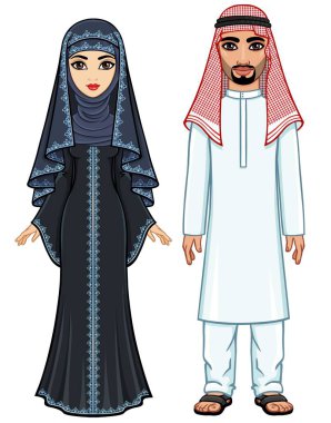 Animasyon geleneksel giysiler içinde Arap aile portresi. Tam büyüme. Beyaz bir arka plan üzerinde izole vektör çizim.